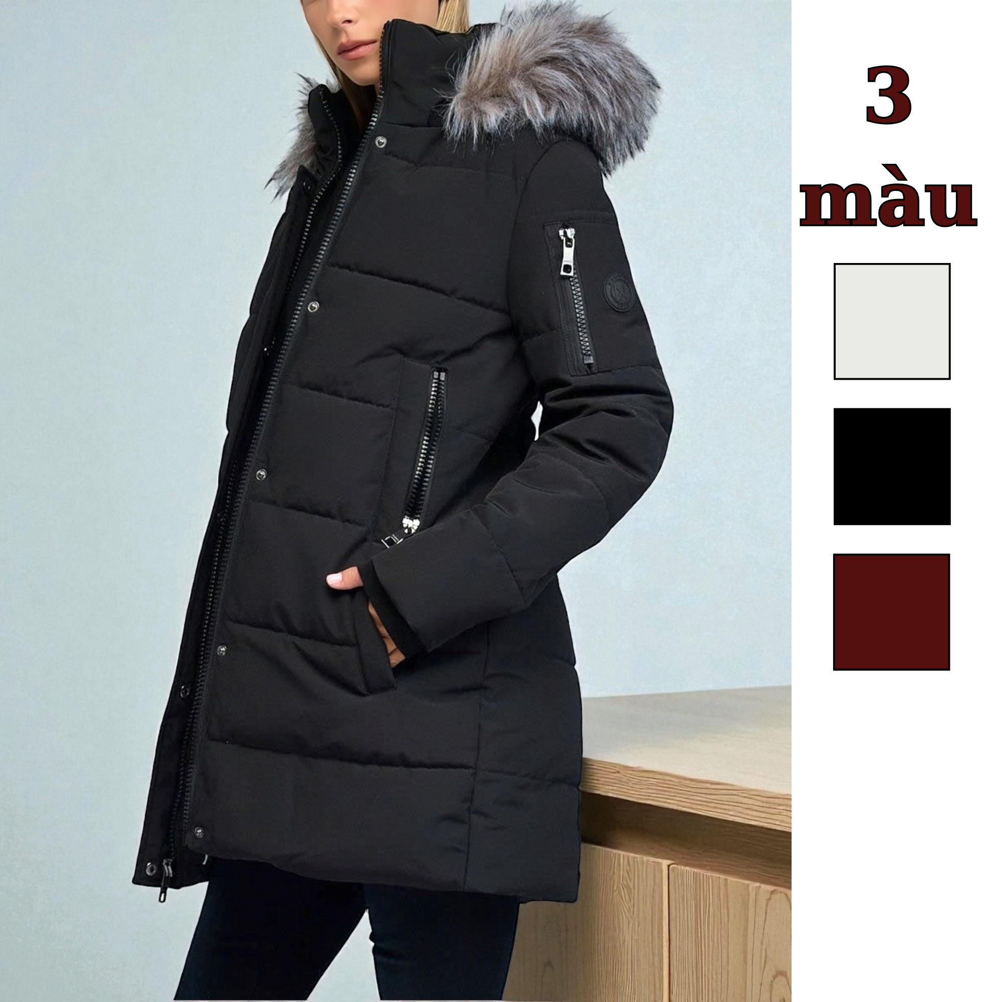 Áo khoác Parka dáng dài có mũ style Âu Mỹ / Xám P5 - Đỏ P6 - Đen P7