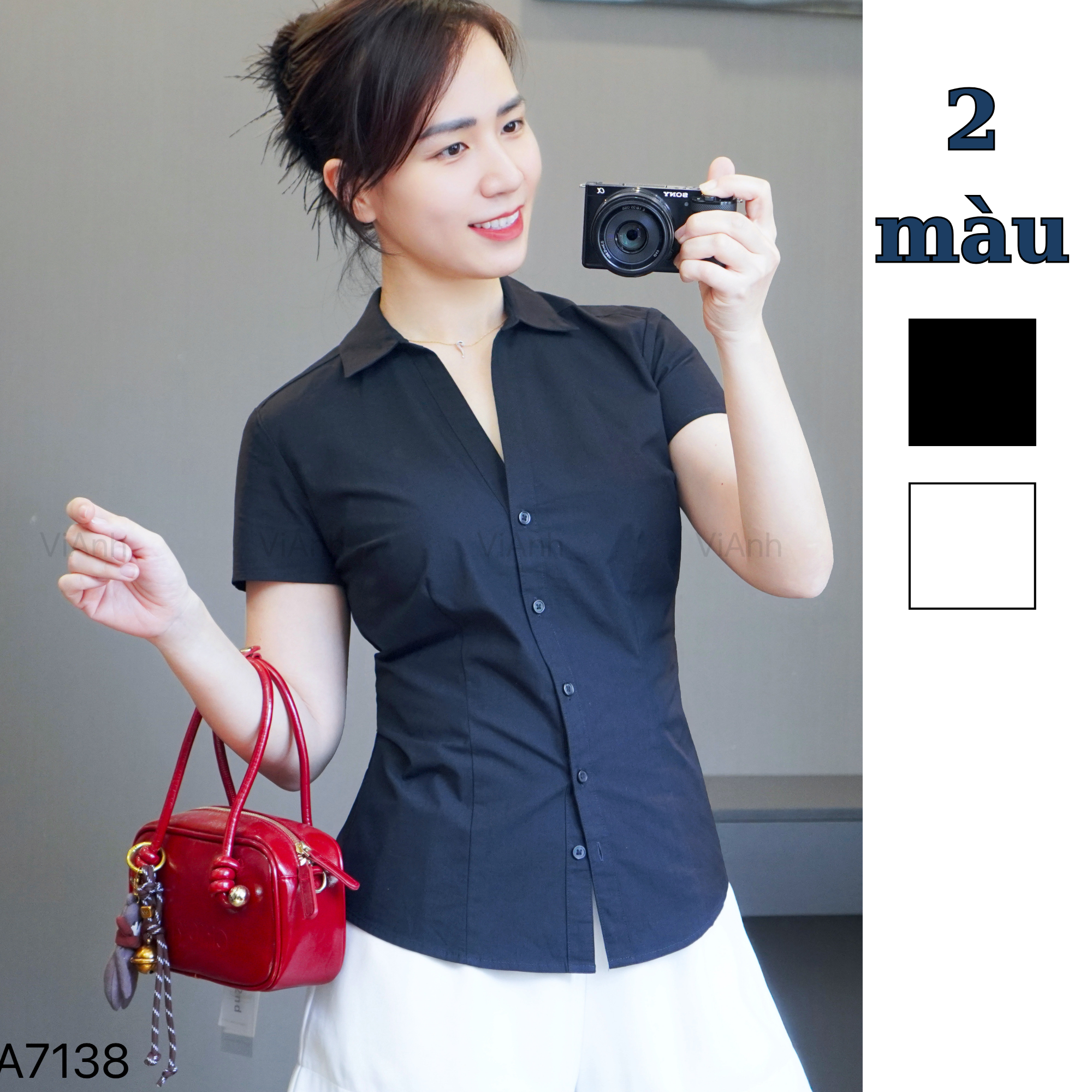 Áo sơ mi ngắn tay xuất xịn / V7 trắng - V8 đen