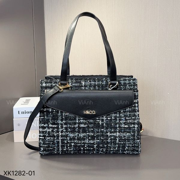 SET D82 Túi xách style Âu Mỹ chữ nhật xách tay dạ tweed phối da CĐC / 28x23 / ĐEN