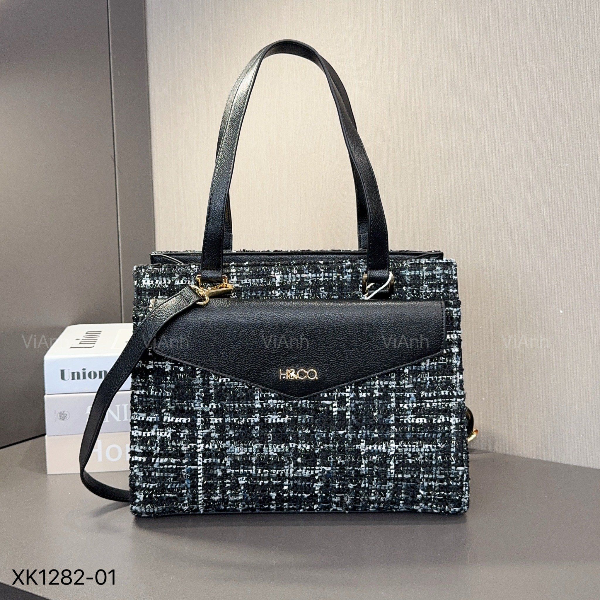 SET D82 Túi xách style Âu Mỹ chữ nhật xách tay dạ tweed phối da CĐC / 28x23 / ĐEN