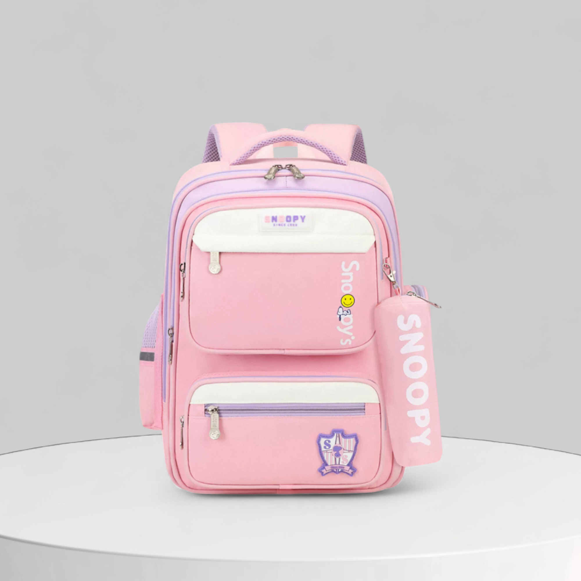 Balo Snoppy vải dù kèm hộp bút / 28x40 / HỒNG