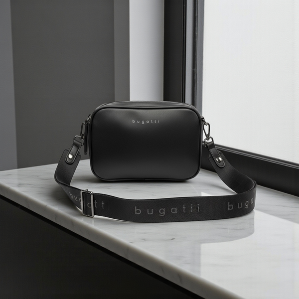 Túi xách Bugatti chữ nhật nhiều ngăn dây vải đeo chéo / 22x15 / ĐEN