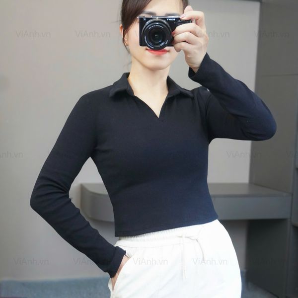 Áo thun D65 gân dài tay cổ polo style Âu A6165 / ĐEN