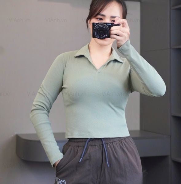 Áo thun D67 gân dài tay cổ polo style Âu A6167 / XANH LÁ