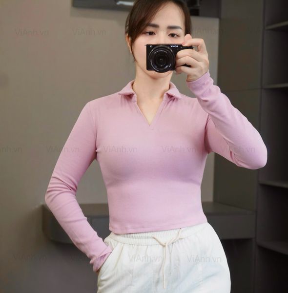 Áo thun D68 gân dài tay cổ polo style Âu A6168 / HỒNG