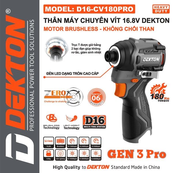 DEKTON thân máy vặn vít pin 16V (180Nm) D16-CV180PRO