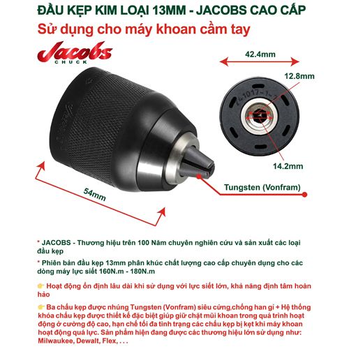 Đầu kẹp mũi khoan Jacobs Autolock 13mm (cốt 14.2mm)