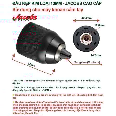 Đầu kẹp mũi khoan Jacos Autolock 13mm (cốt 14.2mm)