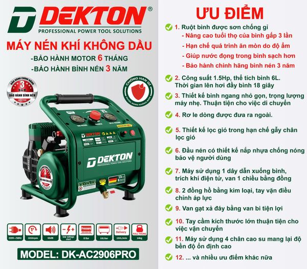 DEKTON máy nén khí không dầu (6L, 1.5HP) DK-AC2906PRO