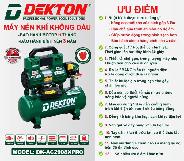 DEKTON máy nén khí không dầu (8L, 1.1HP) DK-AC2908XPRO