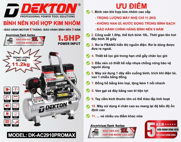 DEKTON máy nén khí không dầu (10L, 1.5HP) DK-AC2910PROMAX