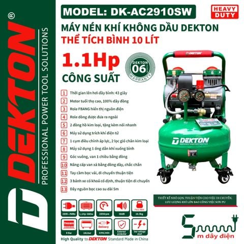 DEKTON máy nén khí không dầu (10L, 1.1HP) DK-AC2910SW