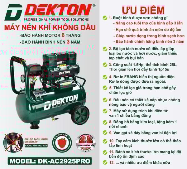 DEKTON máy nén khí không dầu (25L, 1.5HP) DK-AC2925PRO