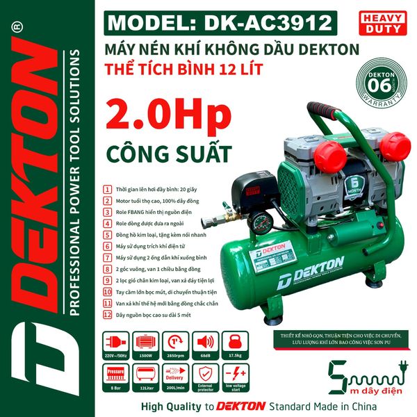 DEKTON máy nén khí không dầu (12L, 2HP) DK-AC3912