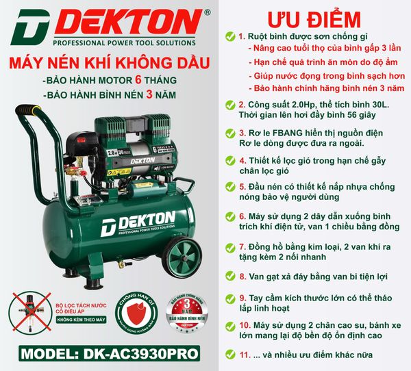 DEKTON máy nén khí không dầu (30L, 2.0HP) DK-AC3930PRO