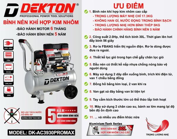 DEKTON máy nén khí không dầu (30L, 2.0HP) DK-AC3930PROMAX