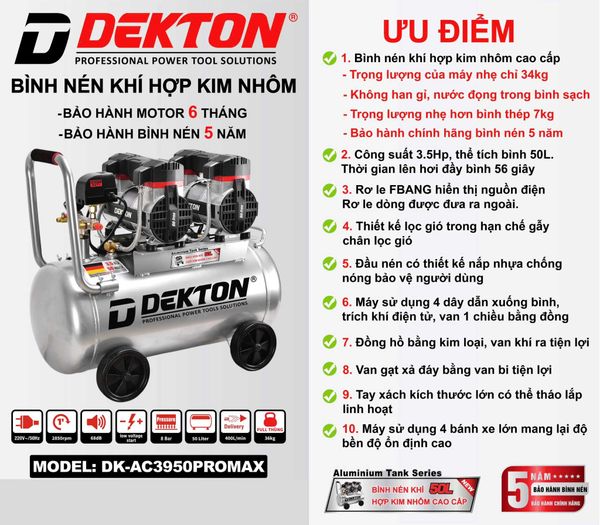 DEKTON máy nén khí không dầu (50L, 3.5HP) DK-AC3950PROMAX