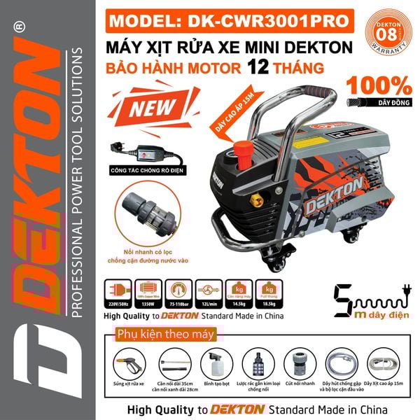 DEKTON máy rửa xe có chỉnh áp (2000W 180Bar)  DK-CWR3001PRO
