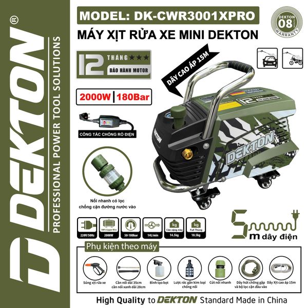 DEKTON máy rửa xe có chỉnh áp (2000W 180Bar)  DK-CWR3001XPRO