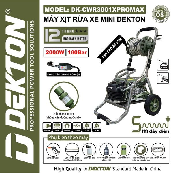 DEKTON máy rửa xe có chỉnh áp (2000W 180Bar)  DK-CWR3001XPROMAX
