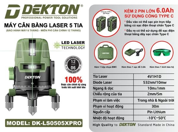 DEKTON Máy cân mực 5 tia laser xanh DK-LS0505XPRO