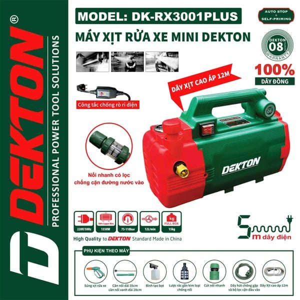 DEKTON máy rửa xe có chỉnh áp DK-RX3001PLUS (1350W, 110 Bar)