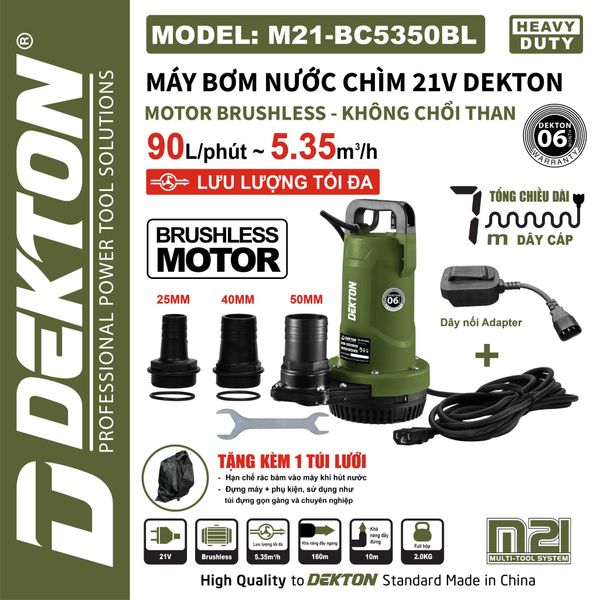 DEKTON Thân máy bơm chìm pin 21V M21-BC5350BL (90 l/p)