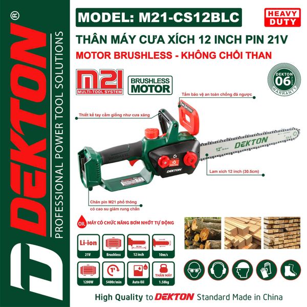 DEKTON Thân máy cưa xích pin 21V (300mm) M21-CS12BLC