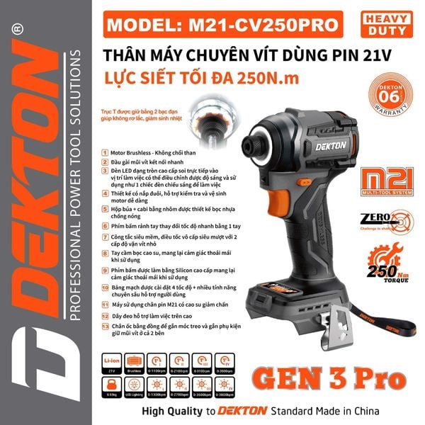 DEKTON Thân máy vặn vít pin 21V (250Nm) M21-CV250PRO