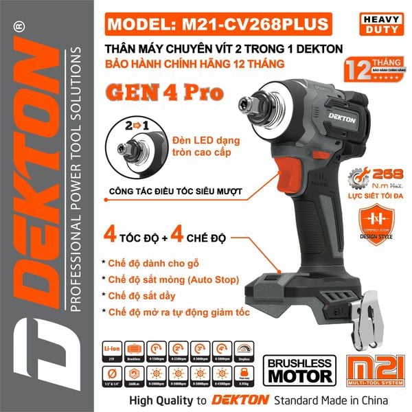 DEKTON Thân máy vặn ốc vít 2in1 pin 21V (268Nm) M21-CV268PLUS