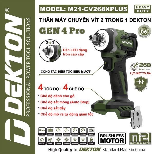 DEKTON Thân máy vặn ốc vít 2in1 pin 21V (268Nm) M21-CV268XPLUS