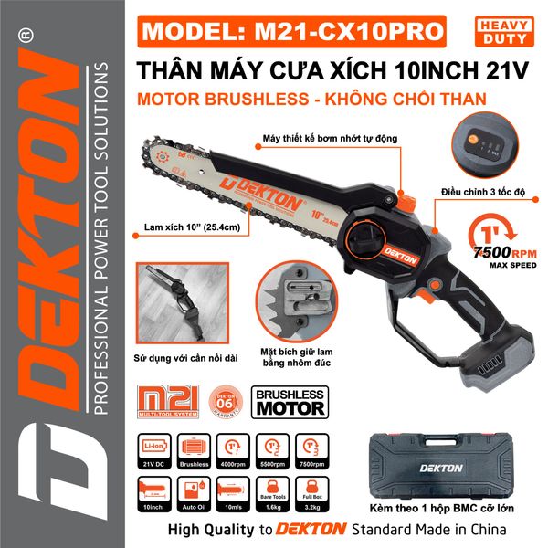 DEKTON Thân máy cưa xích pin 21V (254mm) M21-CX10PRO