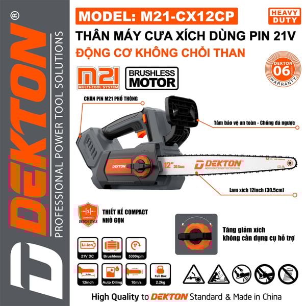 DEKTON Thân máy cưa xích pin 21V (300mm) M21-CX12CP