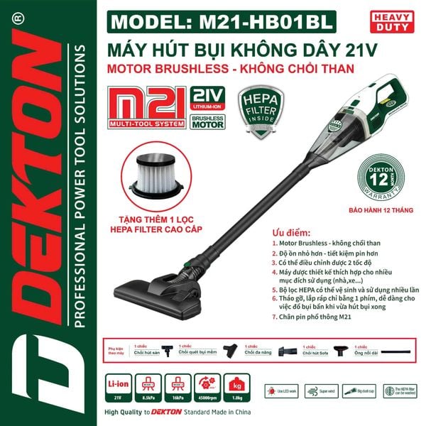 DEKTON Thân máy hút bụi pin 21V (16KPA) M21-HB01BL
