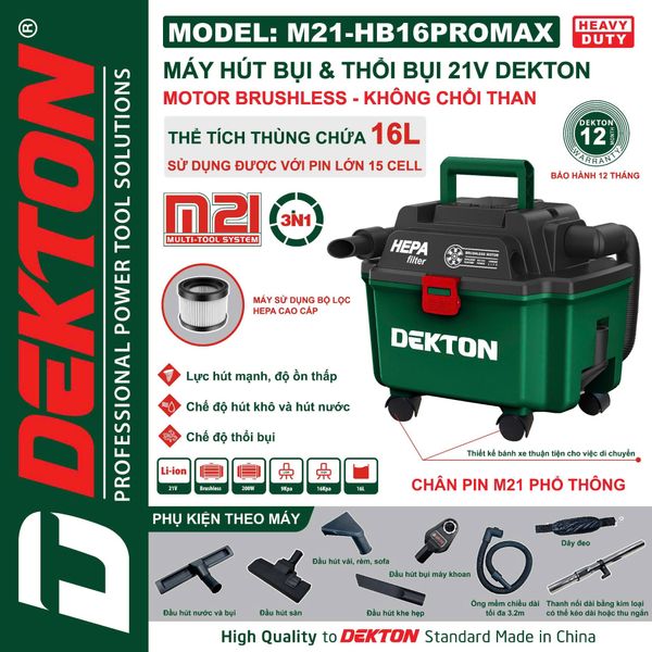 DEKTON Thân máy hút bụi 3 trong 1 pin 21V (16KPA) M21-HB16PROMAX