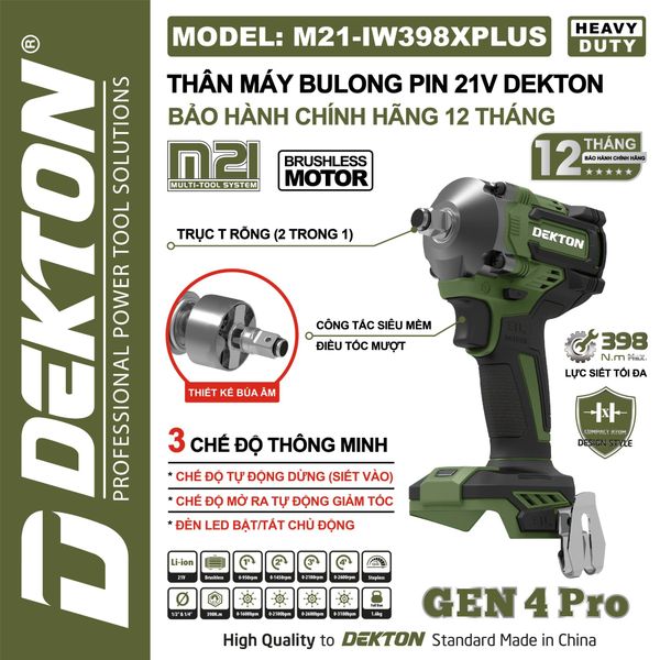 DEKTON Thân máy siết bu lông 2in1 pin 21V (398Nm, 1/2inch) M21-IW398XPLUS
