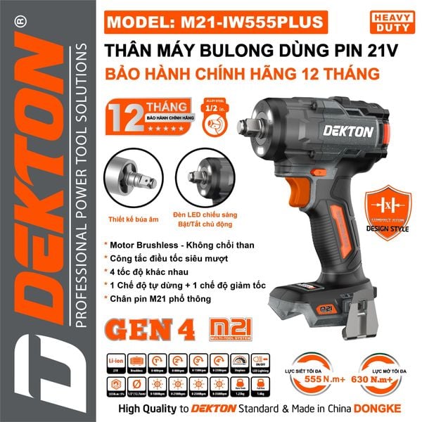 DEKTON Thân máy siết bu lông pin 21V (555Nm, 1/2inch) M21-IW555PLUS