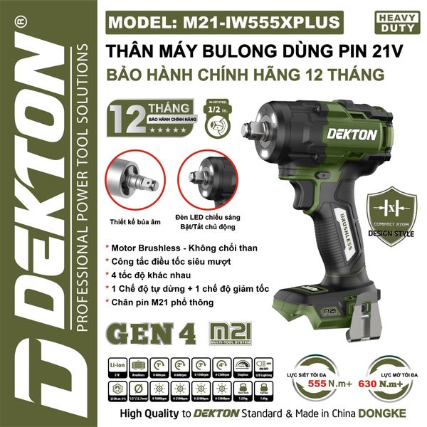 DEKTON Thân máy siết bu lông pin 21V (555Nm, 1/2inch) M21-IW555XPLUS