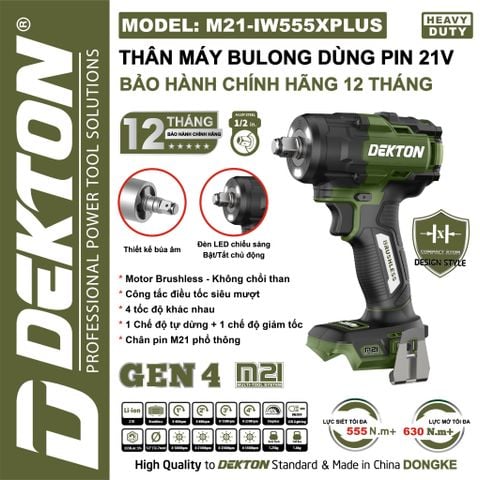 DEKTON Thân máy siết bu lông pin 21V (555Nm, 1/2inch) M21-IW555XPLUS