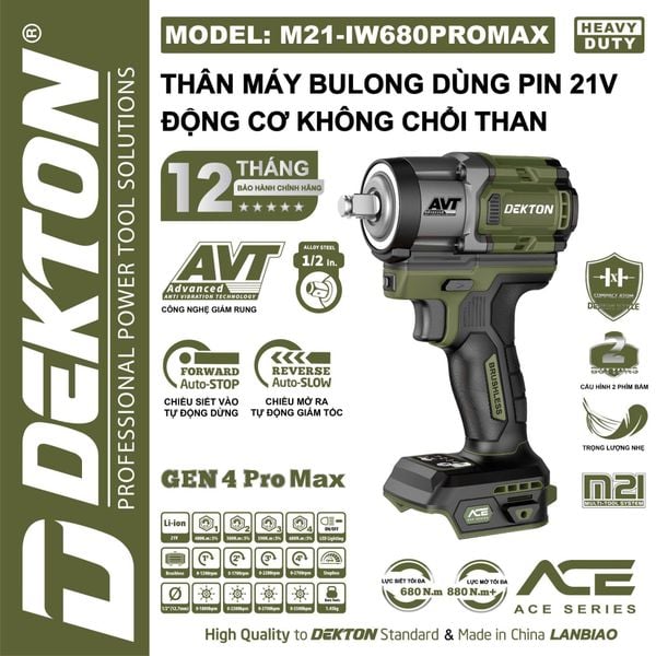 DEKTON Thân máy siết bu lông pin 21V (680Nm, 1/2inch) M21-IW680 PROMAX