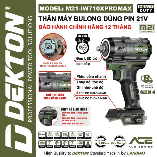 DEKTON Thân máy siết bu lông pin 21V (710Nm, 1/2inch) M21-IW710XPROMAX