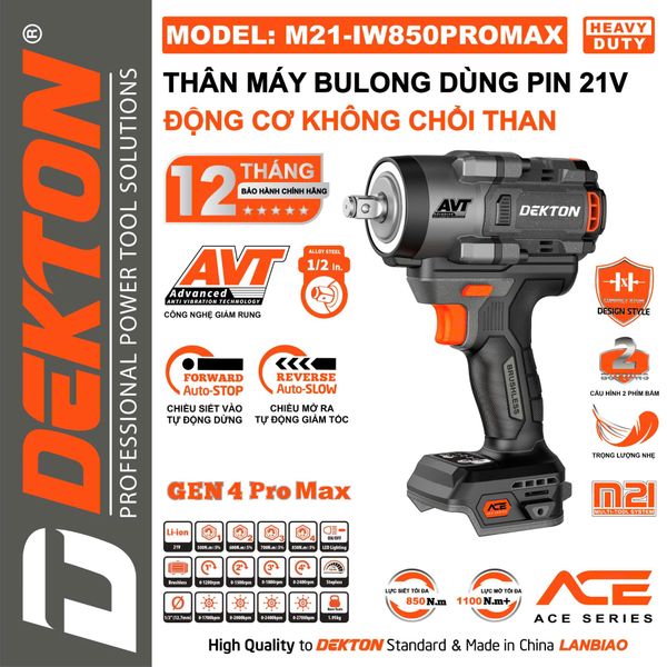 DEKTON Thân máy siết bu lông pin 21V (850Nm, 1/2inch) M21-IW850 PROMAX