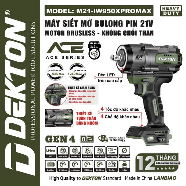 DEKTON Thân máy siết bu lông pin 21V (950Nm, 1/2inch) M21-IW950XPROMAX