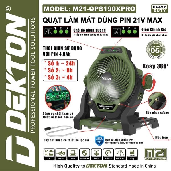 DEKTON Quạt phun sương dùng pin 21V M21-QPS190XPRO