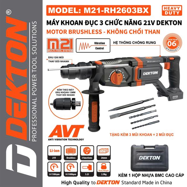 DEKTON Thân máy khoan bê tông pin 21V (3.2J) M21-RH2603BX