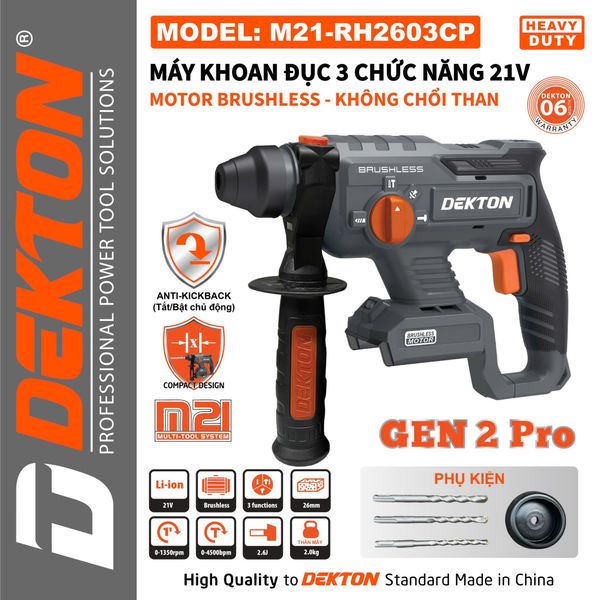 DEKTON Thân máy khoan bê tông 21V (2.6J) M21-RH2603CP