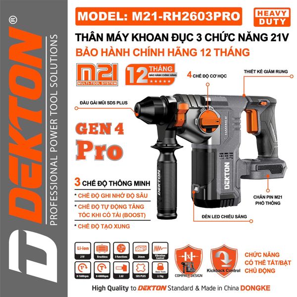 DEKTON Thân máy khoan bê tông 21V (2.8J) M21-RH2603PRO