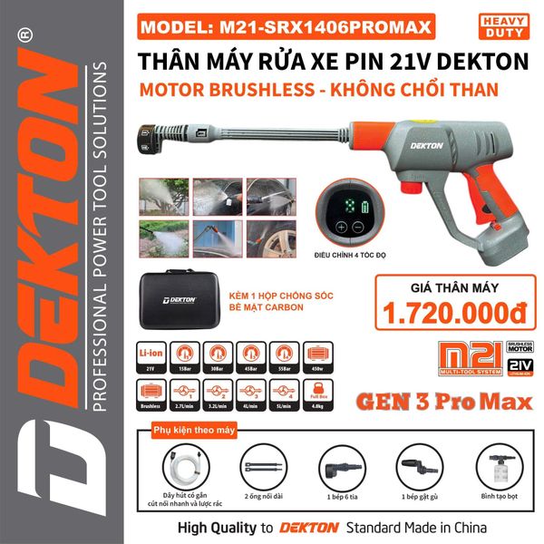DEKTON Thân máy rửa xe pin 21V (55 Bar) M21-SRX1406PROMAX