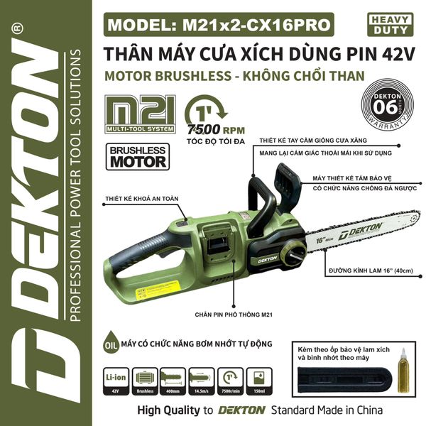 DEKTON Thân máy cưa xích pin 21V (400mm) M21x2-CX16XPRO