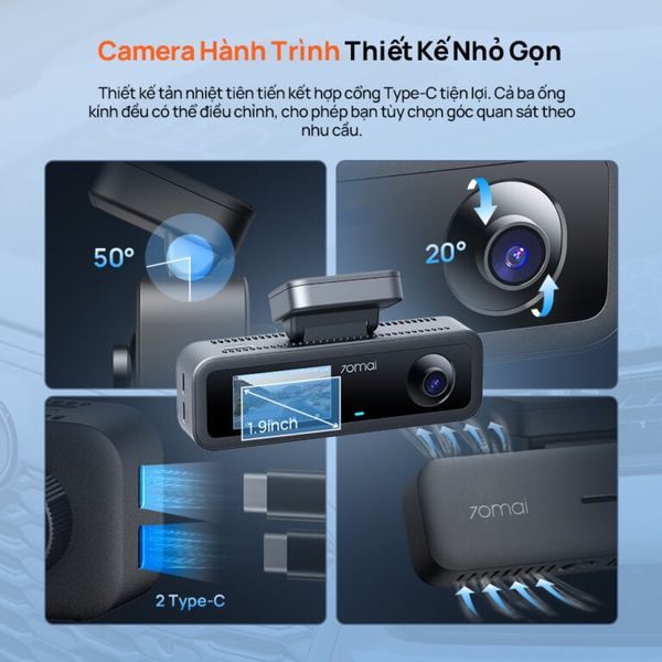 Camera Hành Trình 70mai T400 – Ghi Hình 3 Camera, 2.5K HDR, GPS, WiFi